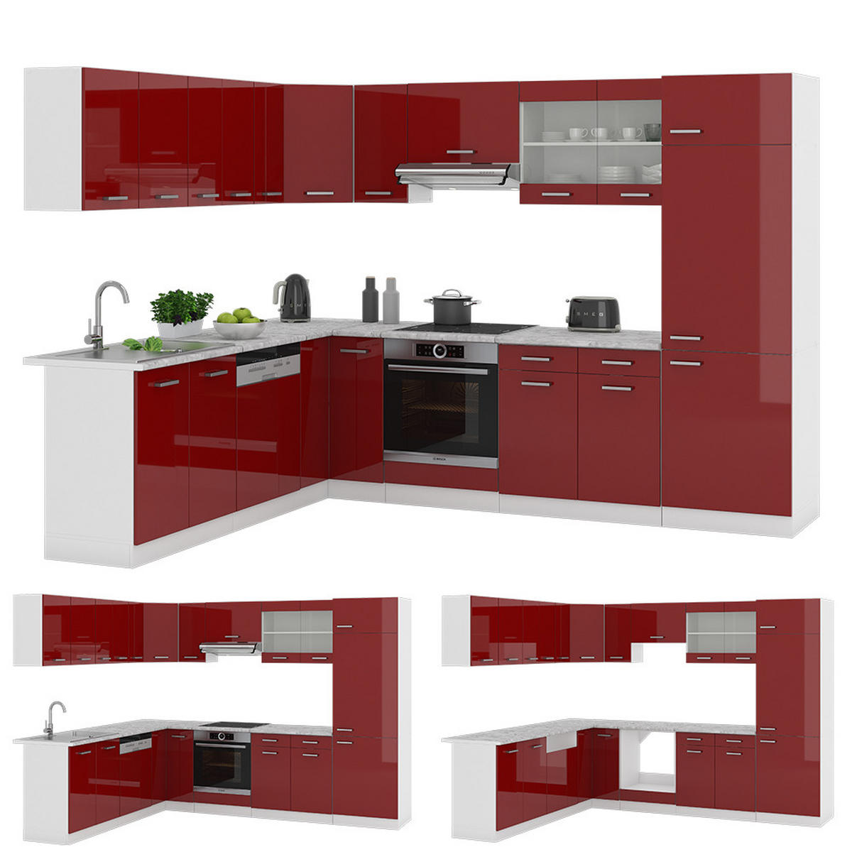 ECKKÜCHE R-Line Rot Hochglanz/Weiß 287 x 46 cm ohne Arbeitsplatte - Rot/Weiß, Holzwerkstoff (287/81.6/46cm) - Vicco