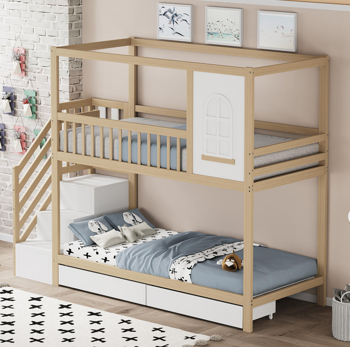 ETAGENBETT 90/200 cm mit Sicherheitsleiter, Fensterelement und Schubladen, Natur - Naturfarben, Holzwerkstoff (90/200cm) - Redom