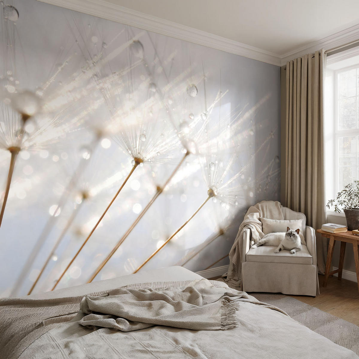 FOTOTAPETE 104x70 cm - Rosafarbener Löwenzahn - Weiß, Textil (104/70cm) - Wallfluent