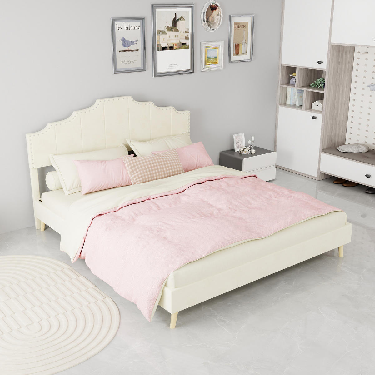 POLSTERBETT 160/200 cm mit Matratze, geometrischem Kopfteil und Lattenrost, Beige - Beige, Textil (160/200cm) - Redom