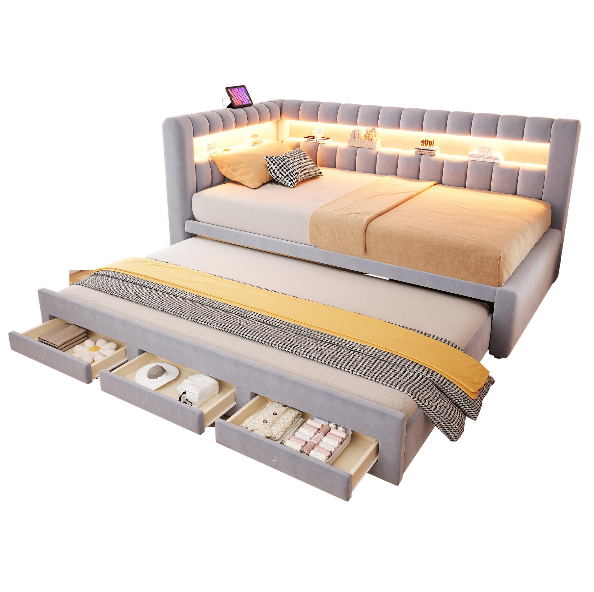 POLSTERBETT Schlafsofa aus Samt 90x190 cm Hellgrau mit Ausziehbett, LED-Beleuchtung, USB-C und Stauraum - Hellgrau, Textil (90/190cm) - Modfu