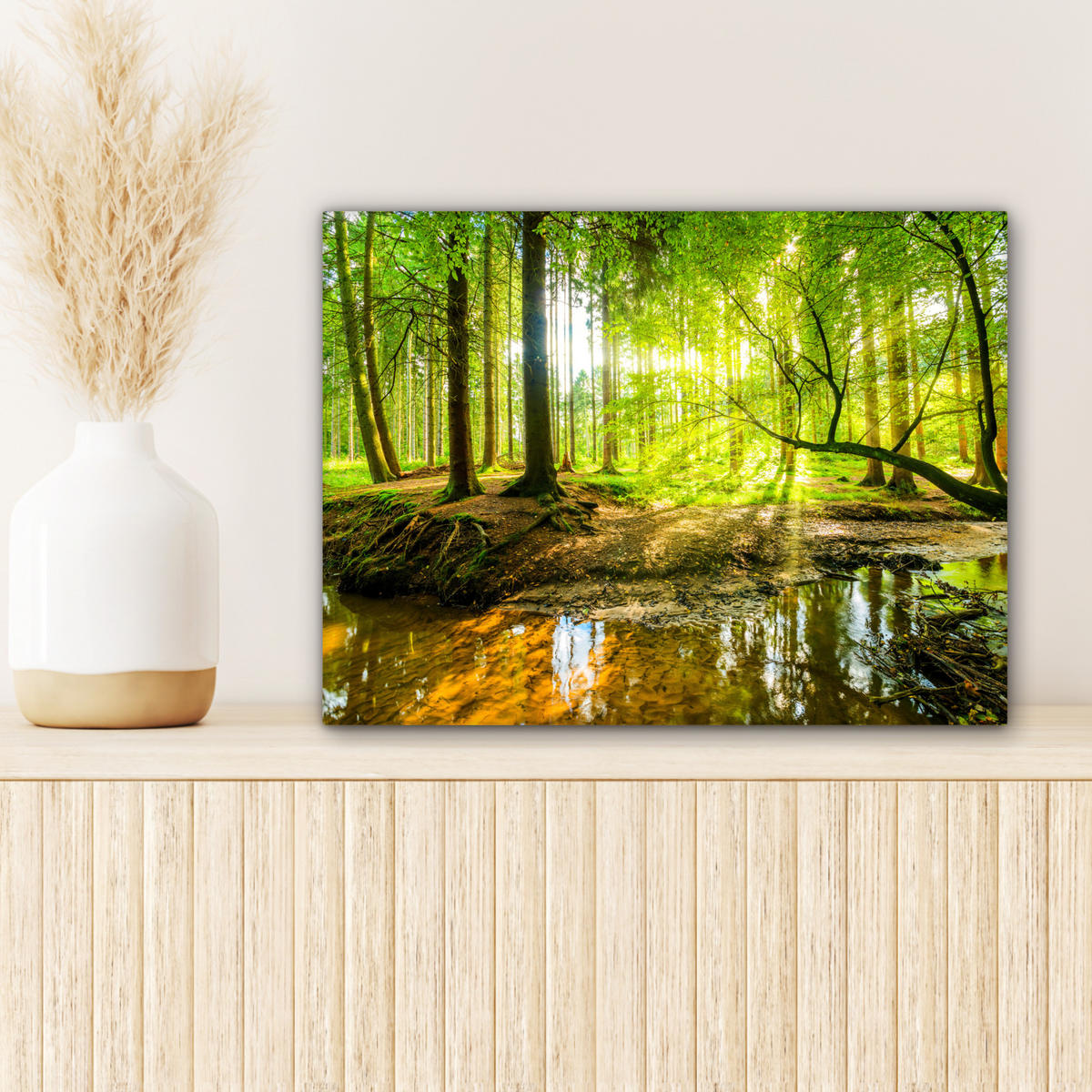 LEINWANDBILD Wald - Landschaft - Wasser - Bäume - Sonne - Grün - Natur Wandbild 40x30 cm - Grün, Textil (40/30cm) - MuchoWow