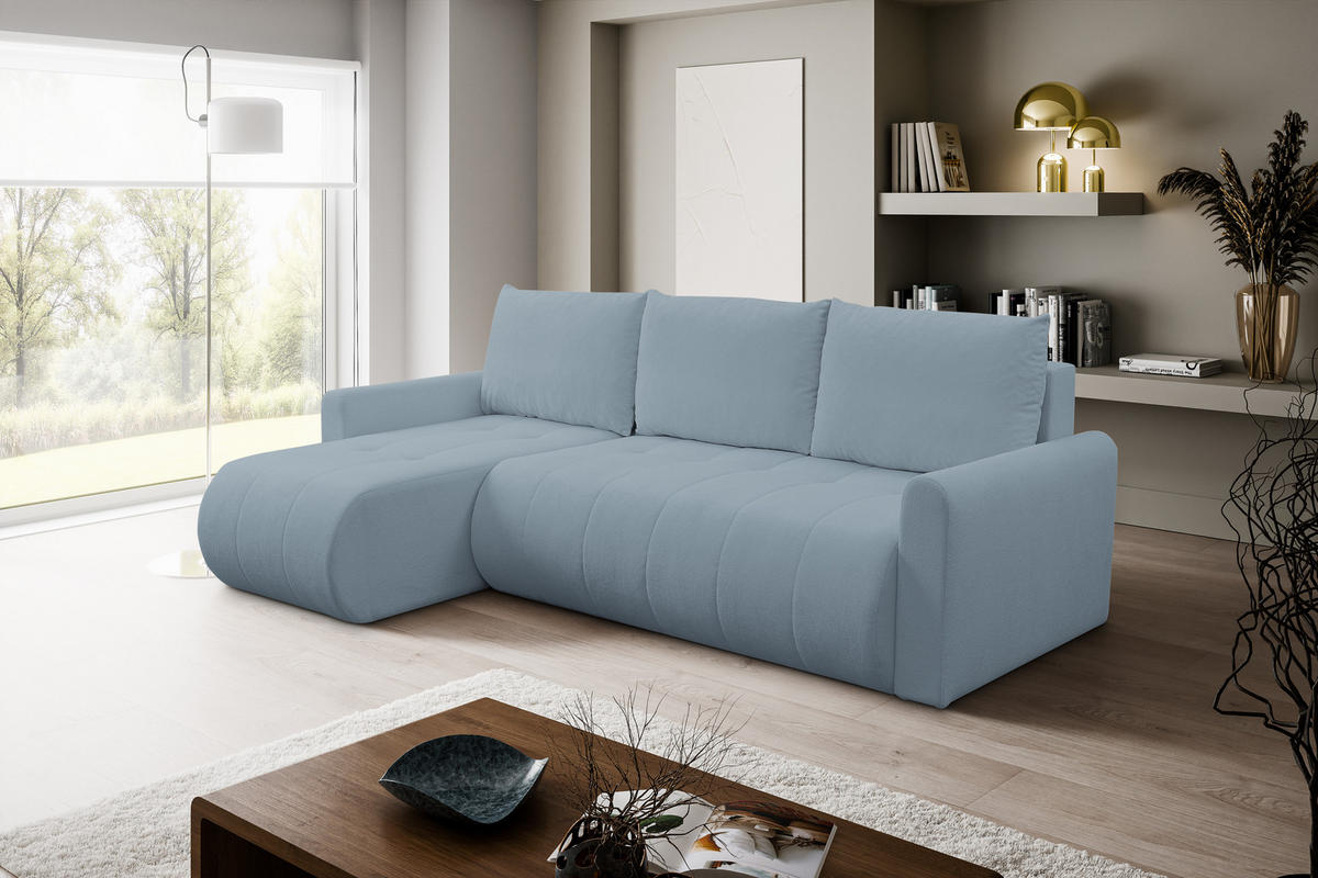 ECKSOFA Primo mit Schlaffunktion und Bettkasten in Cordstoff - Schwarz/Hellblau, Holz/Holzwerkstoff (230/149cm) - Ravio