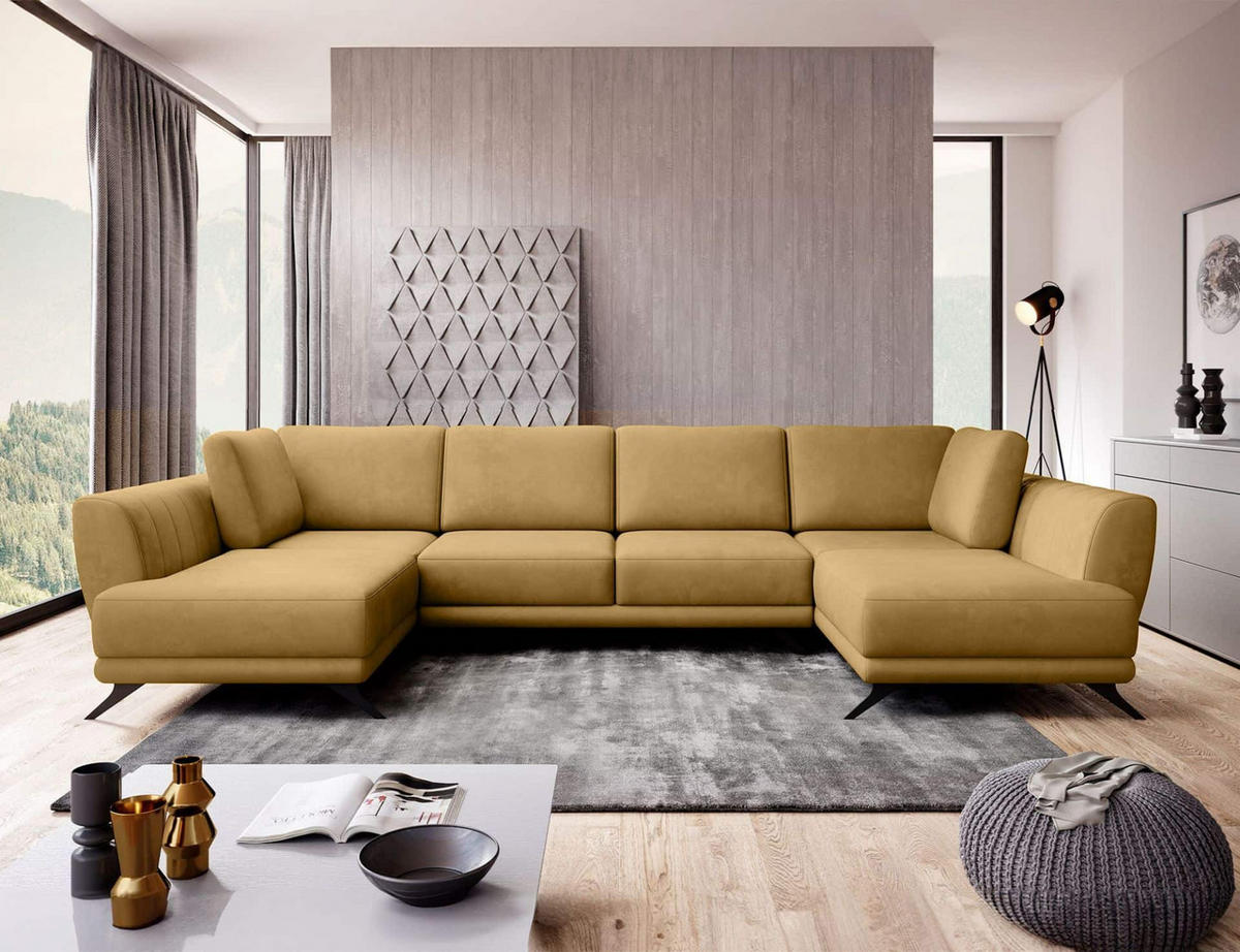 WOHNLANDSCHAFT mit Schlaffunktion & Bettkasten, luxus Nube-Stoff - Gelb/Schwarz, Textil/Metall (362/90/191cm) - Eltap