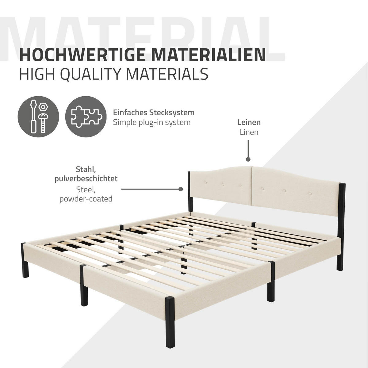 ČALOUNĚNÁ postel 180x200 cm, béžová, s roštem a lněným potahem - béžová, kompozitní dřevo/textil (180/200cm) - ML-DESIGN