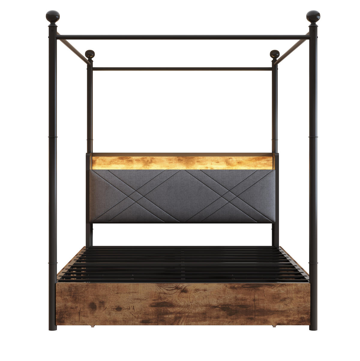 METALNI krevet 140/190 cm s uklonjivim baldahinom, LED osvjetljenjem i USB/Type-C priključcima, Crni - crna, metal (140/190cm) - Redom