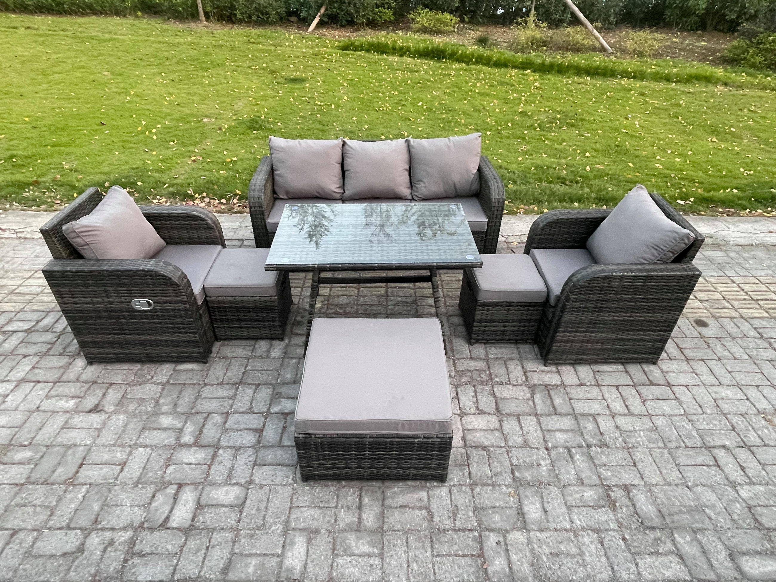 GARTENMÖBEL SET mit COUCHTISCH Polyrattan Dunkelgrau 8-Sitzer - Dunkelgrau/Grau, Glas/Kunststoff - Fimous