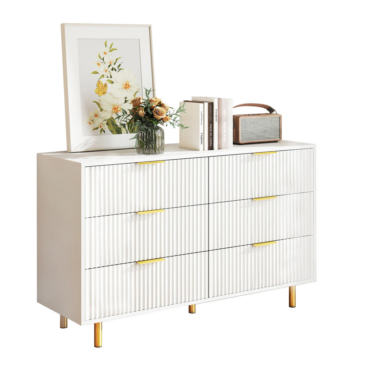 KOMMODE 120/40/72 cm mit 6 Schubladen, MDF mit goldfarbenen Metallbeinen, Weiß - Weiß, Holzwerkstoff (120/72/40cm) - Redom