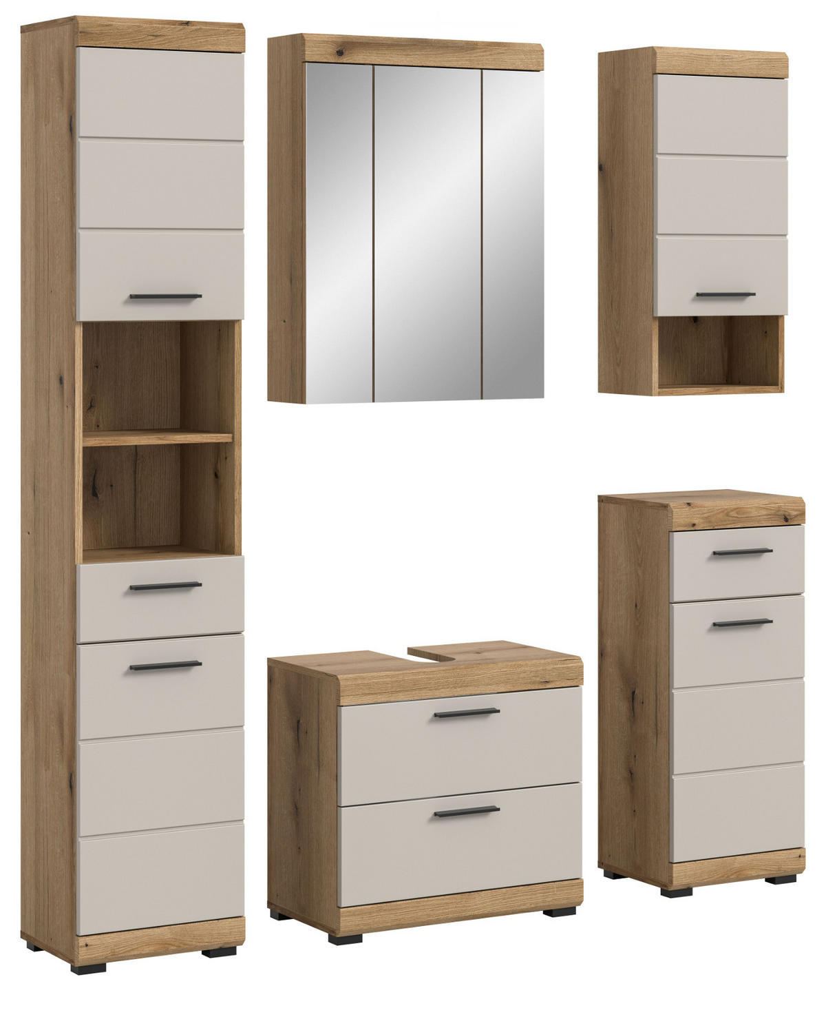 BADMÖBEL-SET Sand Kaschmir, Evoke Eiche, Badkombination 5-teilig 164 cm - Kaschmir/Eichefarben, Glas/Holzwerkstoff (164/191/34cm) - Inn.Furn