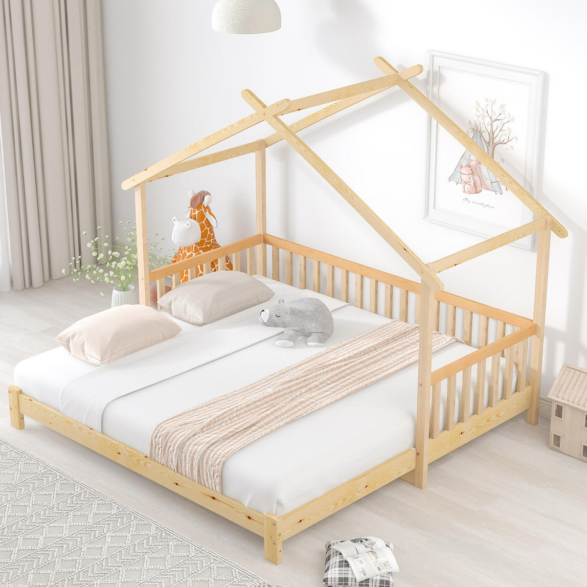 HAUSBETT 90/200 cm aus Kiefer massiv – ausziehbar von 90 auf 180/200 cm - Naturfarben, Holz (90/200cm) - BEAOK