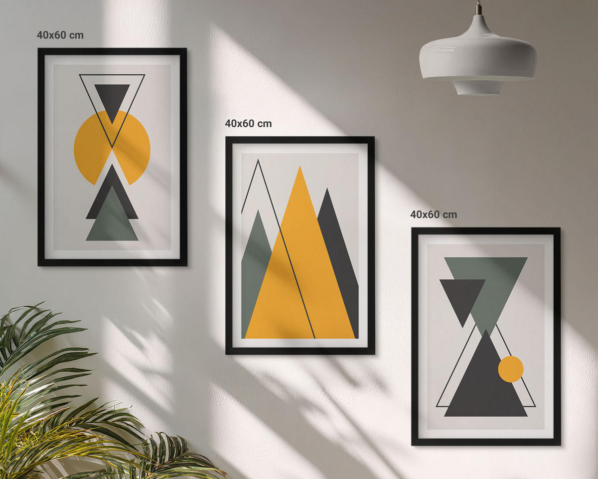 WANDBILDER 3er-Set - 40x60 cm Schwarzer Rahmen - Abstrakte geometrische Formen - Schwarz, Kunststoff (40/60cm) - ArtPrintCave