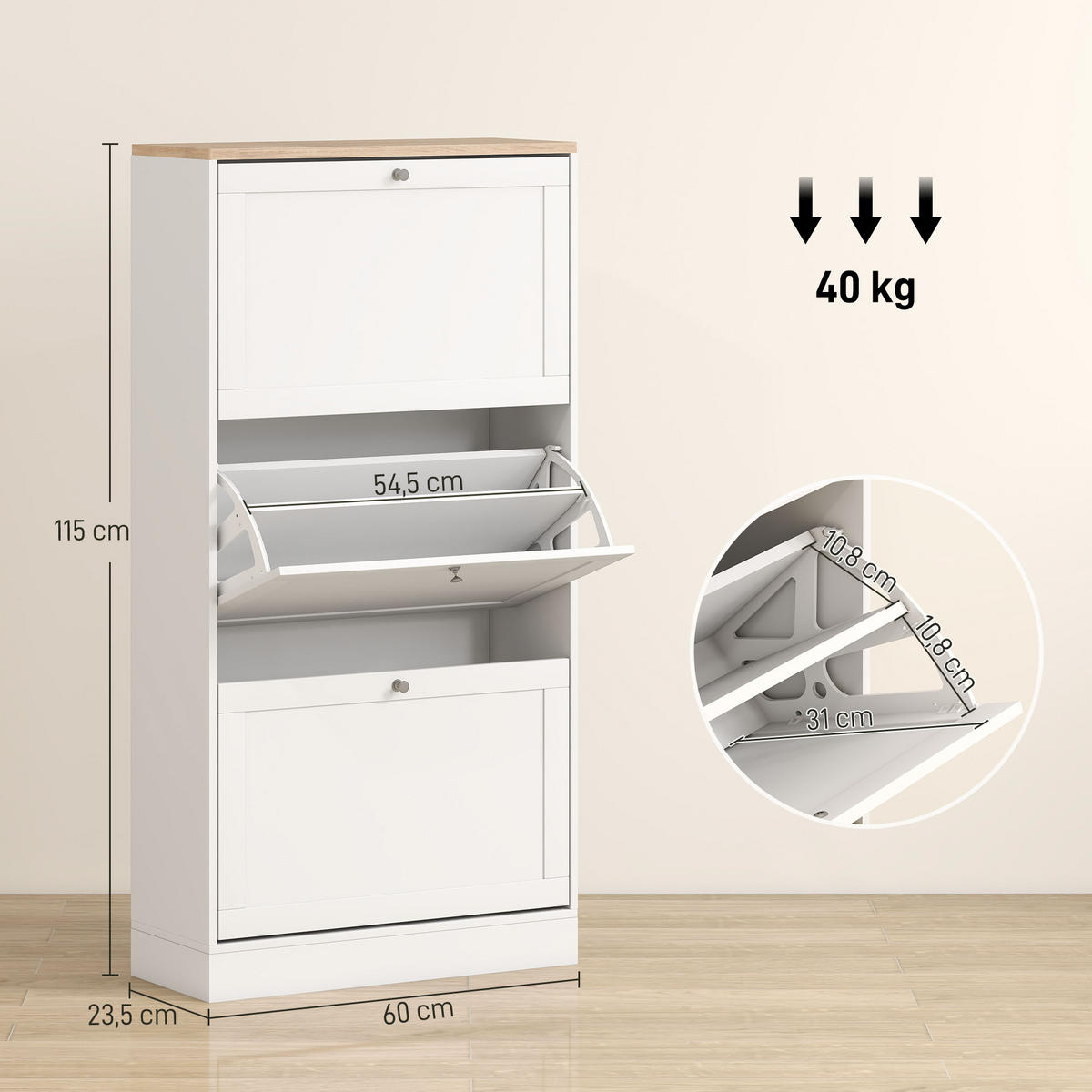 SCHUHSCHRANK DE-14994 skandinavisches Design mit 3 Klapptüren Weiß - Weiß, Holzwerkstoff (60/115/23.5cm) - ComfortXL