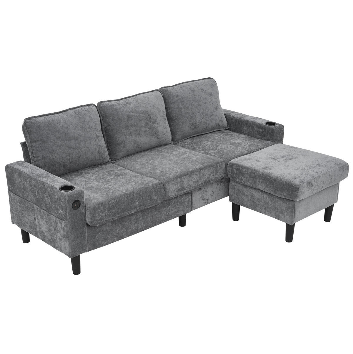 ECKSOFA Gepolstertes 3-Sitzer mit Fußhocker und USB und Typ-C-Anschlüssen Grau Leinen 202/137/80 cm - Grau, Textil (202/137cm) - OKWISH