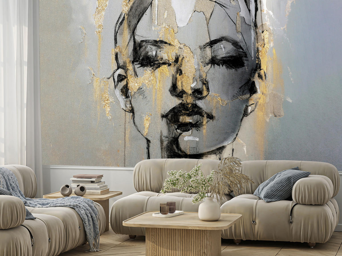 FOTOTAPETE für Wohnzimmer Frau Abstraktes Porträt Beton Modern Gold 200x140 - Gelb/Goldfarben, Papier (200/140cm) - Muralo