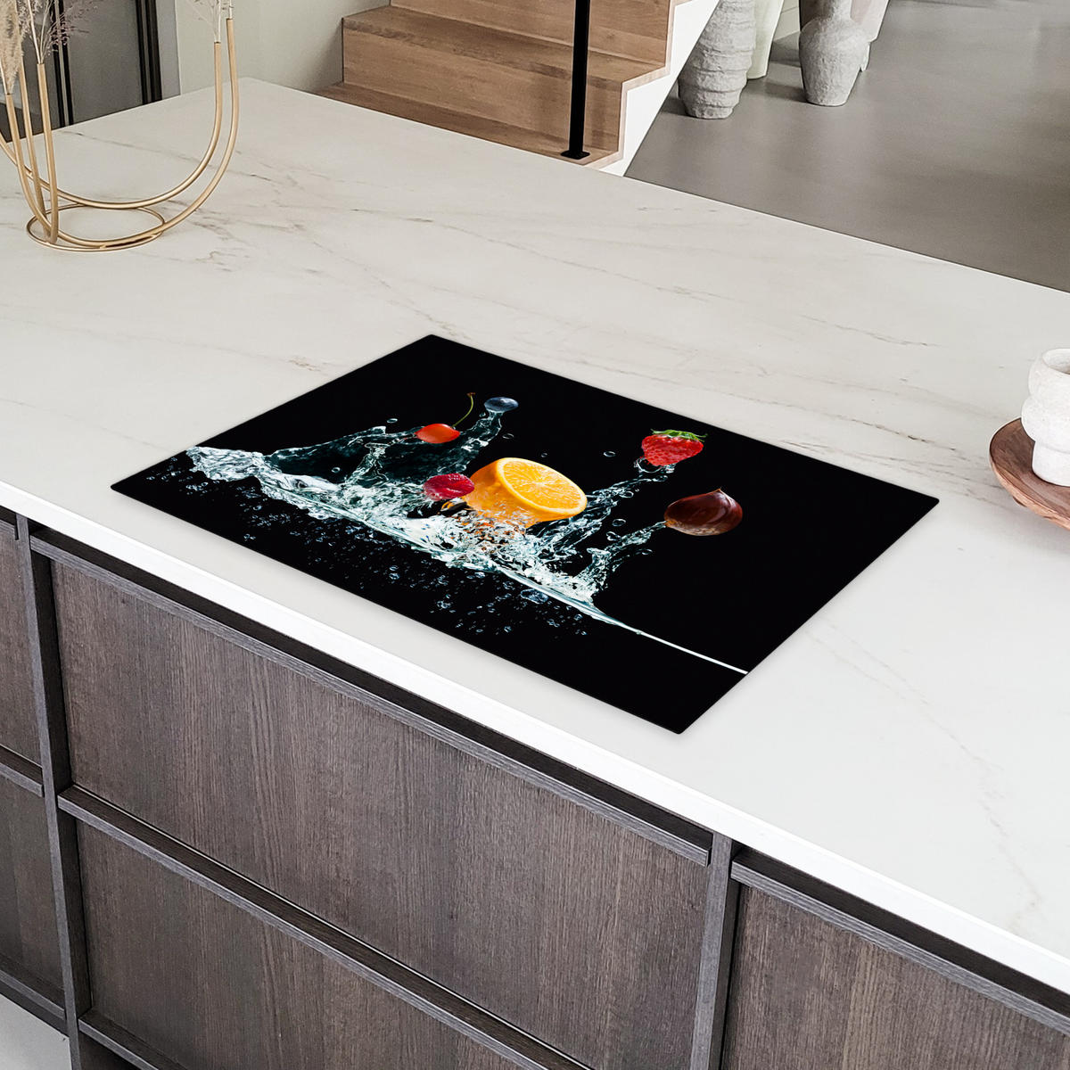 HERDABDECKPLATTE Wasser - Obst - Orange - Erdbeere - Kirsche - Schwarz 80x52 cm - Orange, Kunststoff (80/0.2/52cm) - MuchoWow