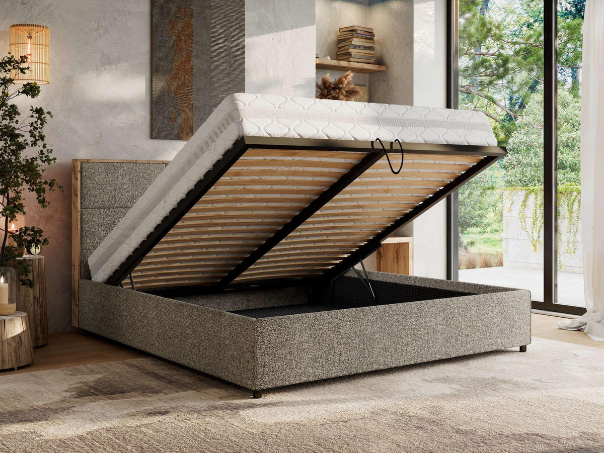 POLSTERBETT LERIO CLASSIC 160/200 - Grau Strukture - Schaum-Matratze - Grau, Textil (160/200cm) - MKS