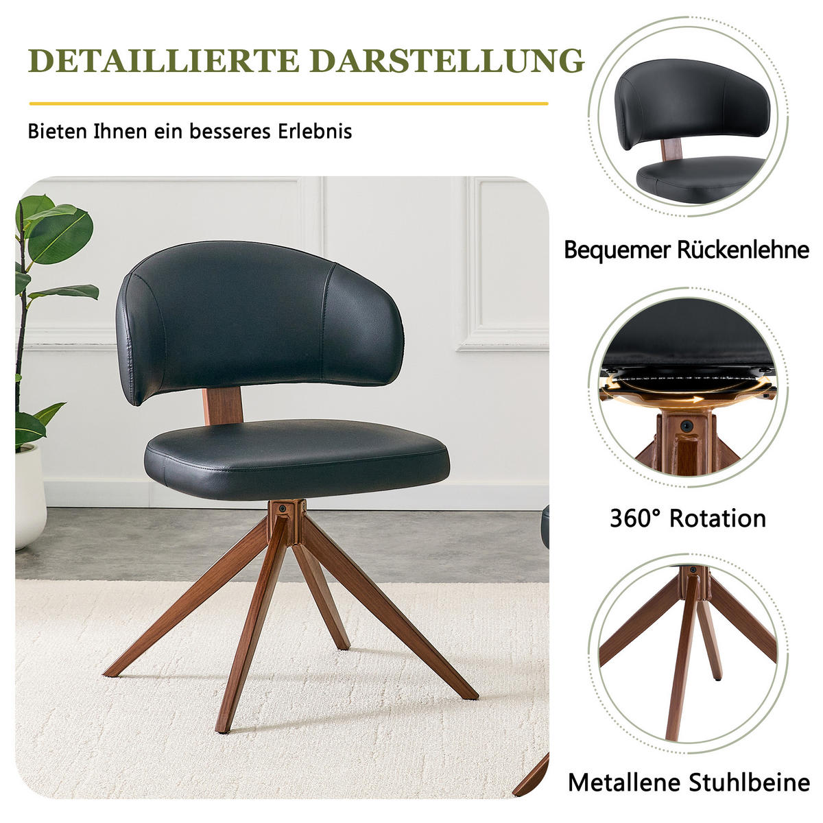 STUHL-SET DE-36677 2 Stück 360° drehbar mit Metallgestell Schwarz - Schwarz, Metall (50.5/77/54.5cm) - ComfortXL
