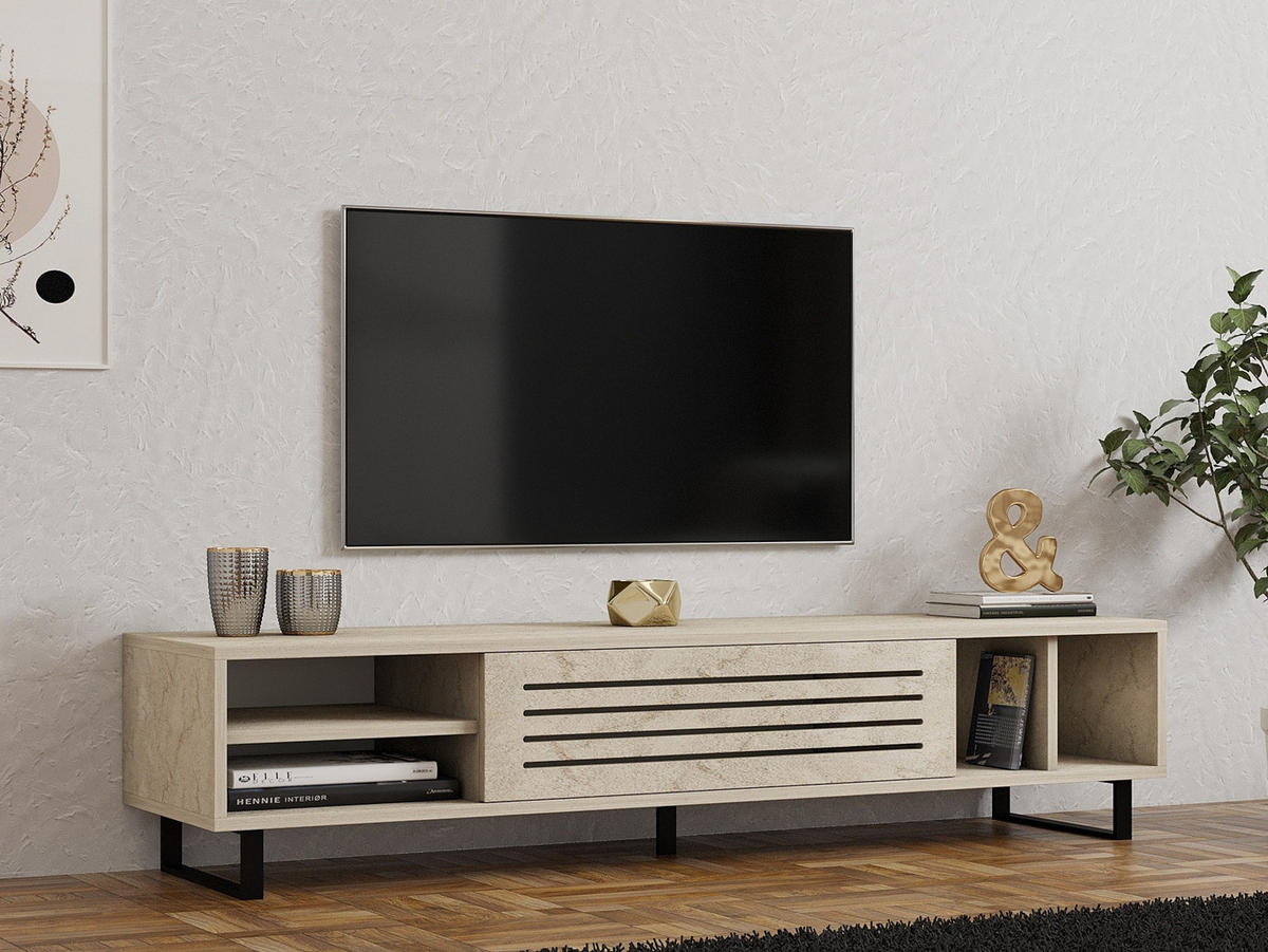 TV-MÖBEL mit 1 klapptür und 4 fächern, travertin-dekor- safir 160/40/35 cm - Beige, Holzwerkstoff (40/35/160cm) - Calicosy