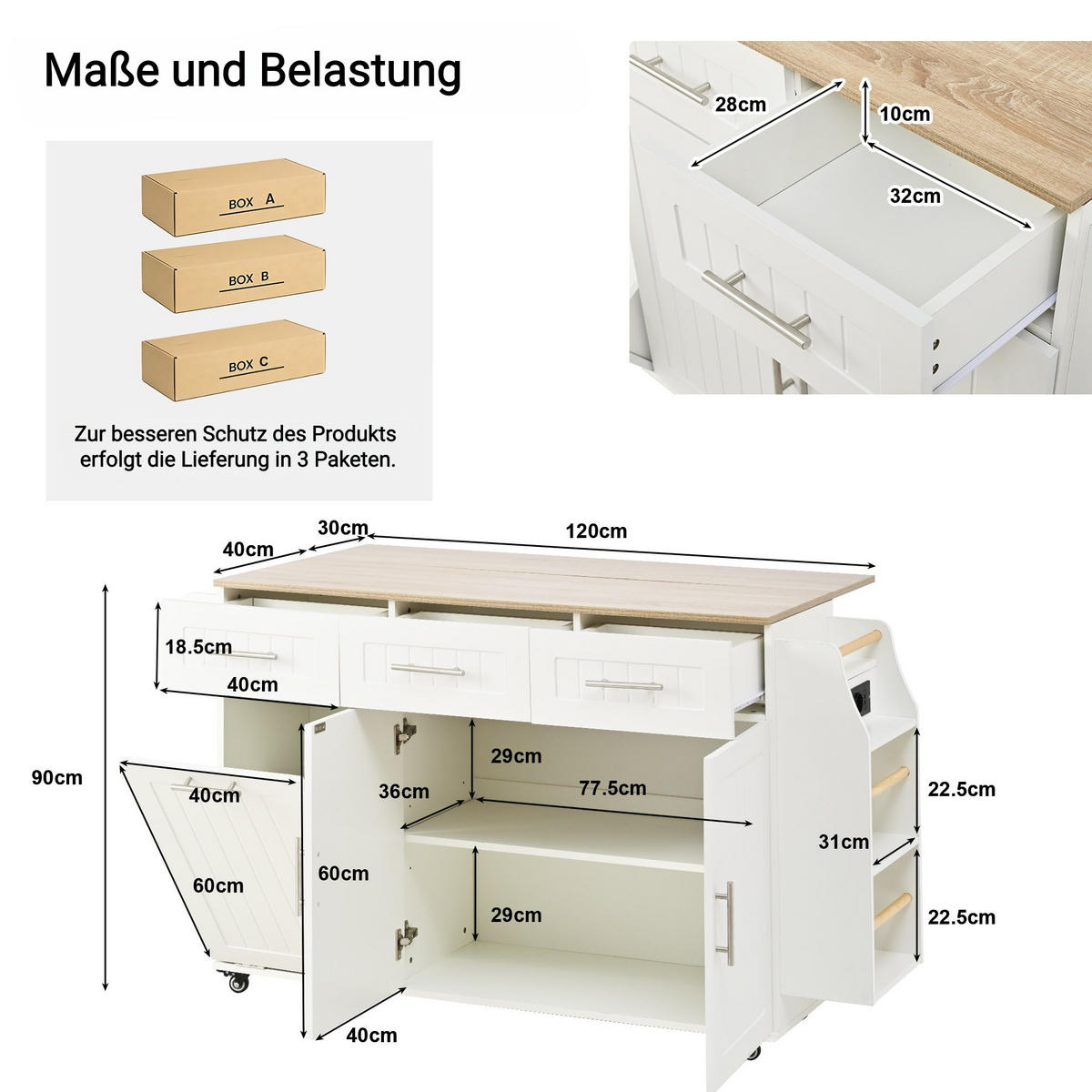 KÜCHENINSEL 120/40(70)/90 cm in Weiß mit Rollen, Auszugsplatte und Steckdosen - Weiß, Holzwerkstoff (120/90/70cm) - Flora Grace