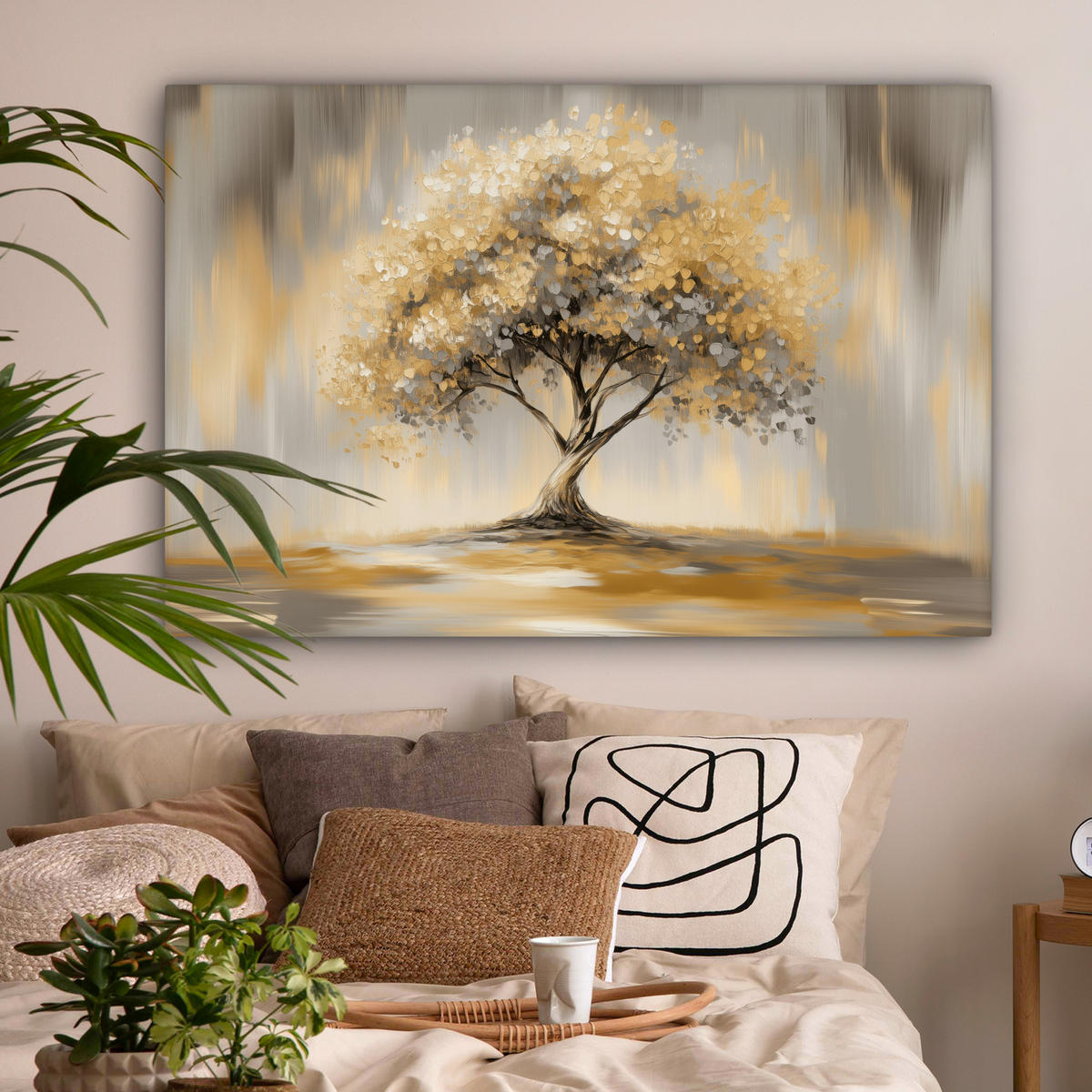 LEINWANDBILD Gemälde - Baum - Abstrakt - Blätter Wohnzimmer Groß 120x80 cm - Beige, Textil (120/80cm) - MuchoWow