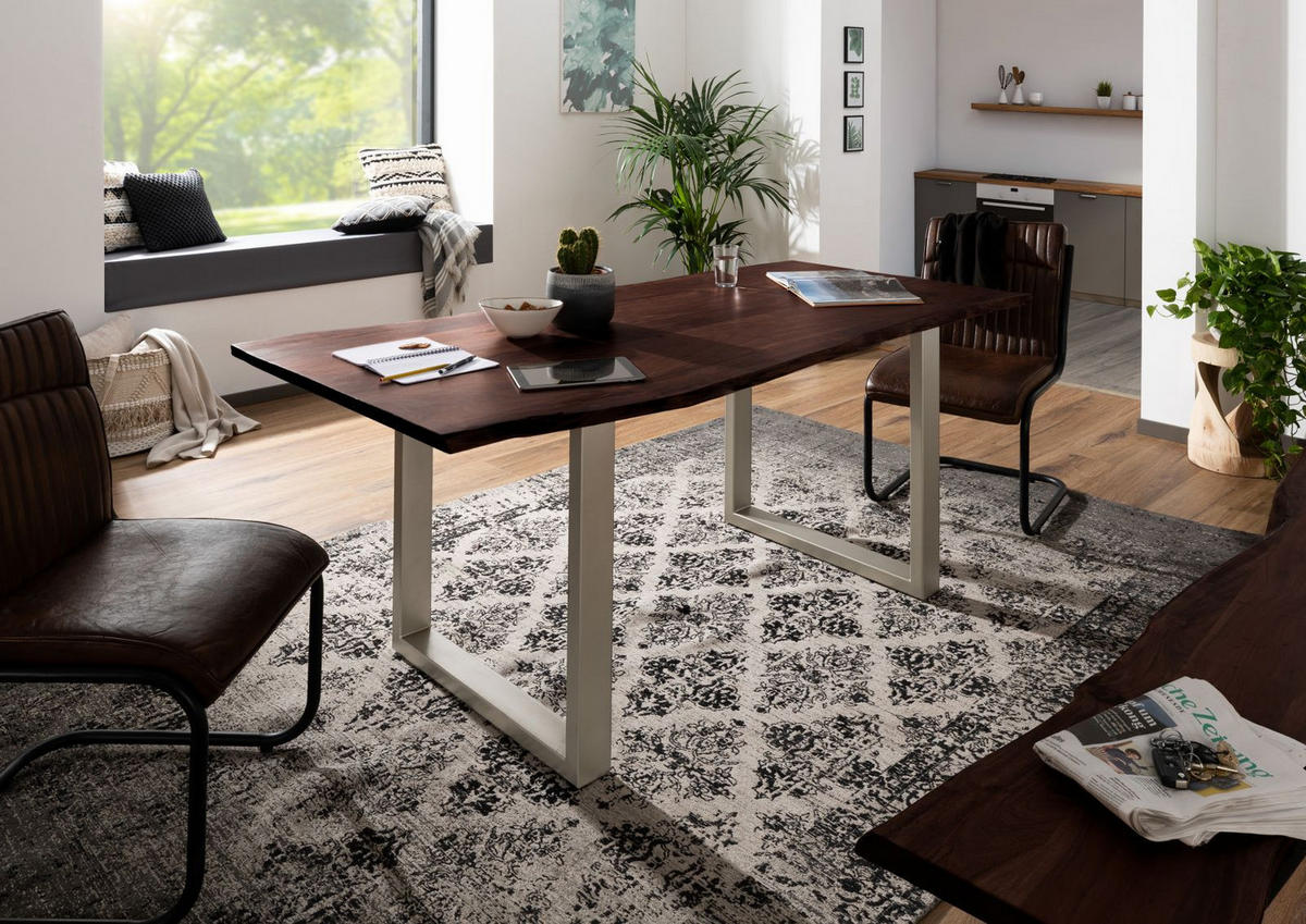 BAUMTISCH Akazie 120x90x76 braun Beine silber matt FREEFORM 3 - Braun, Holz (90/120/76cm) - Massivmoebel24