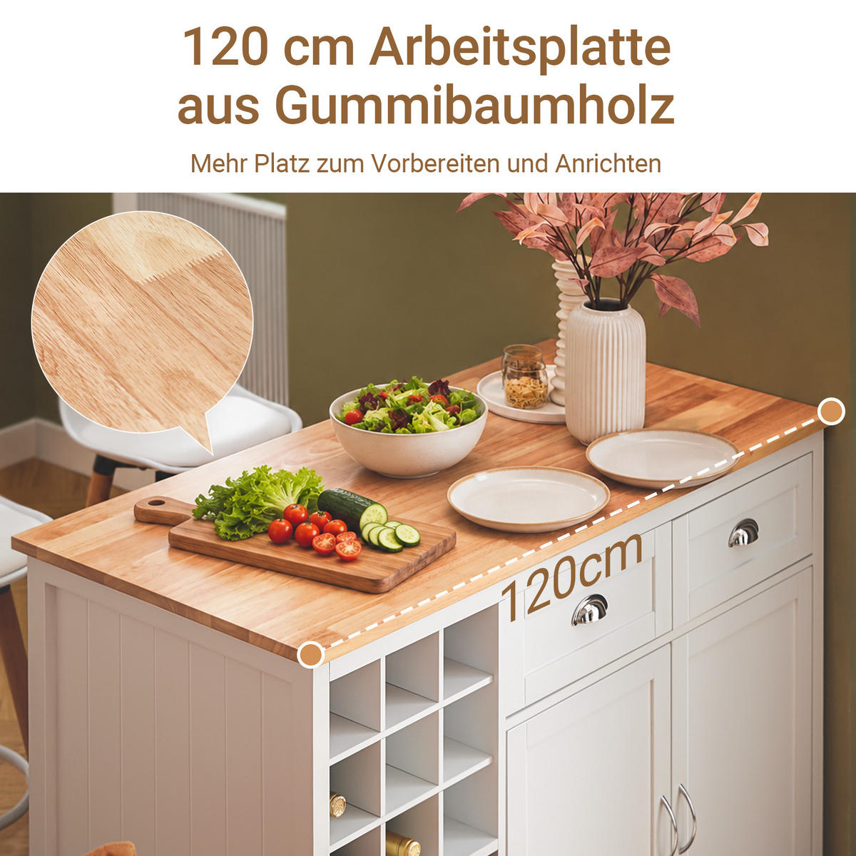 INSULA de bucătărie cu rafturi pentru sticle și sertare - alb, materiale naturale/compozit lemnos (120/90/56cm) - SoBuy