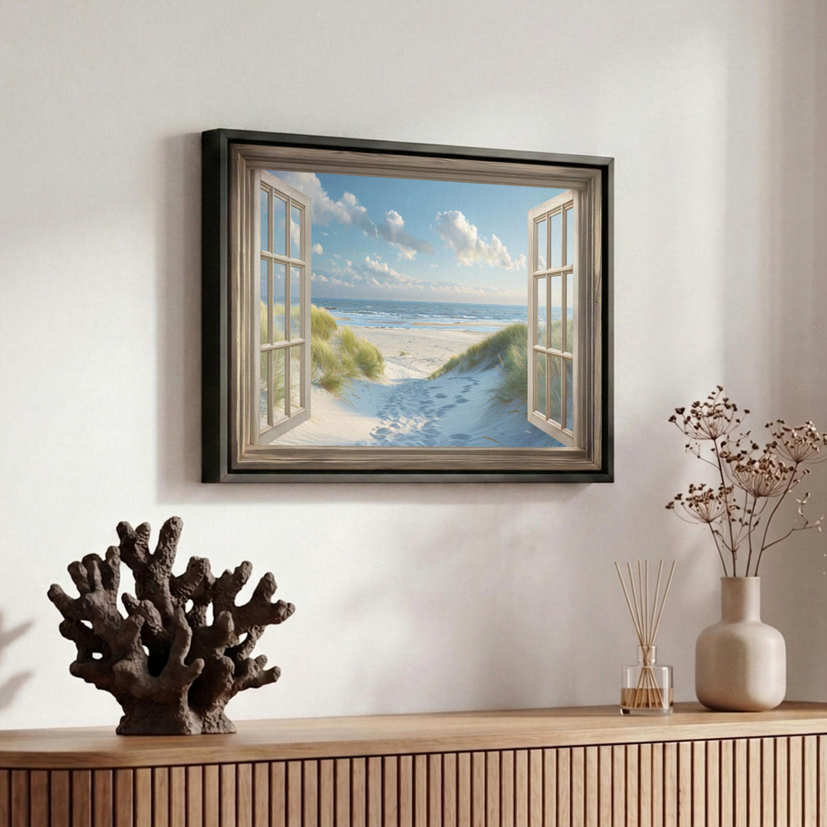 LEINWAND Bilder mit Rahmen - Aussicht - Strand - Fenster - Dünen - Meer - 30x20 - Hellblau, Textil (30/20cm) - MuchoWow