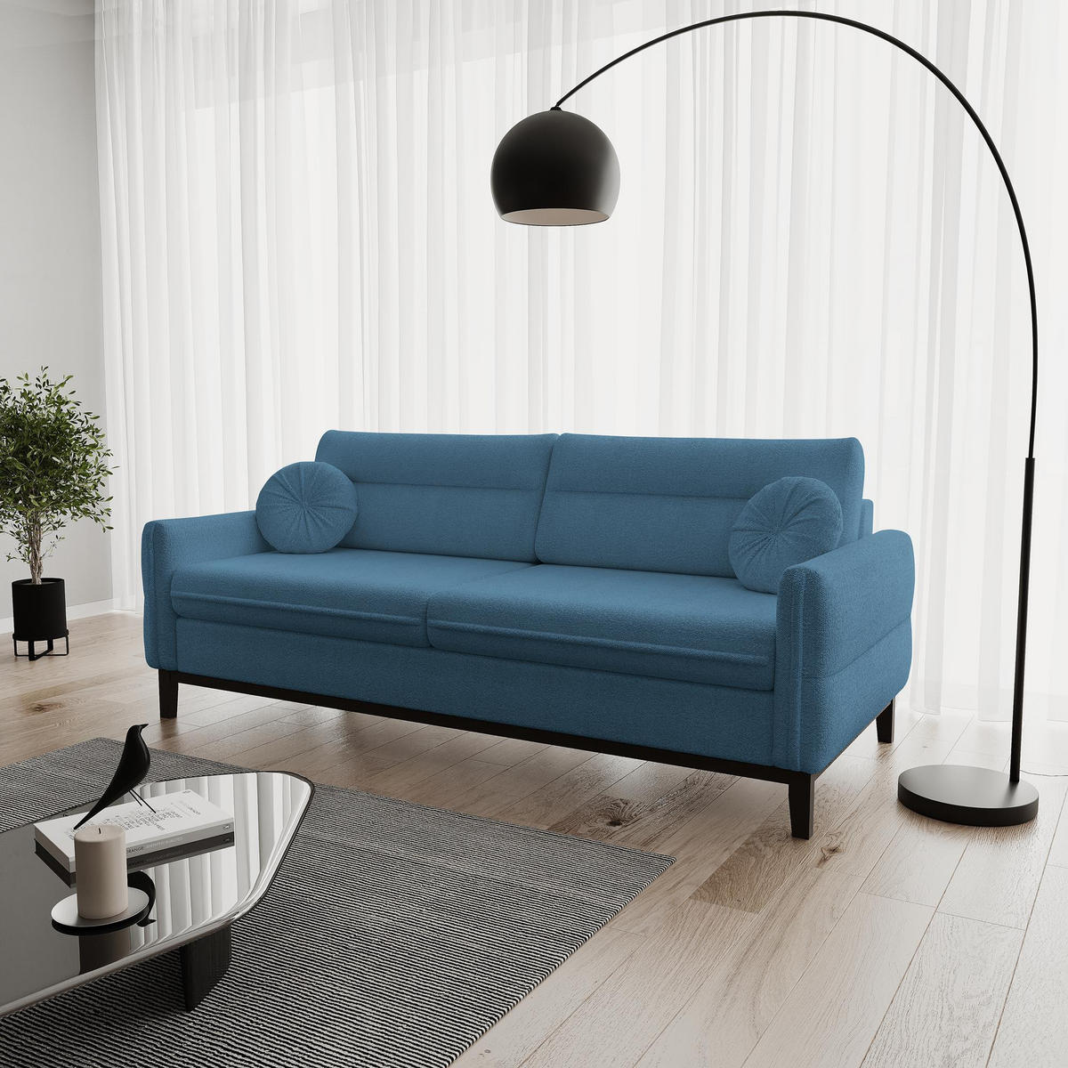 SITZGARNITUR Belweder, zwei Sofas+Sessel, Blau, Bouclé - Wengefarben/Blau, Holz/Textil (268/95/94cm) - Beautysofa