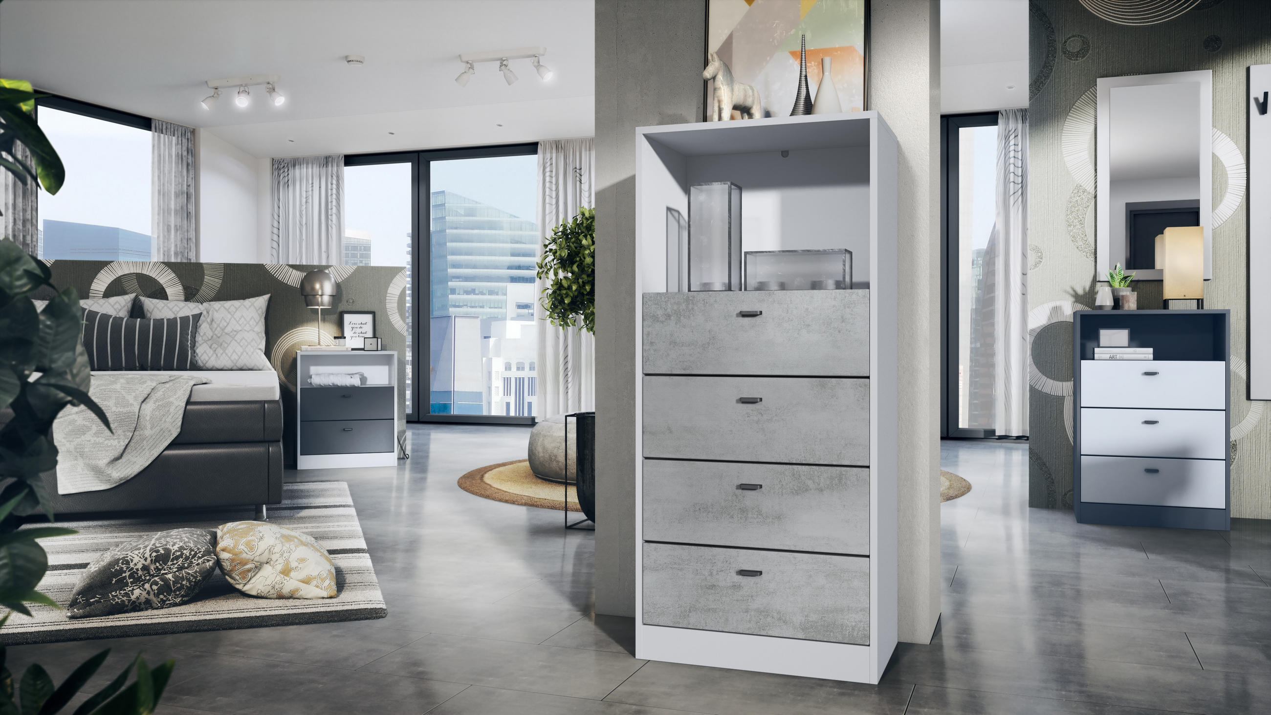 KOMMODE Pino Fronten in Beton Oxid Optik - Hellgrau, Holzwerkstoff (56/125/36cm) - Vladon