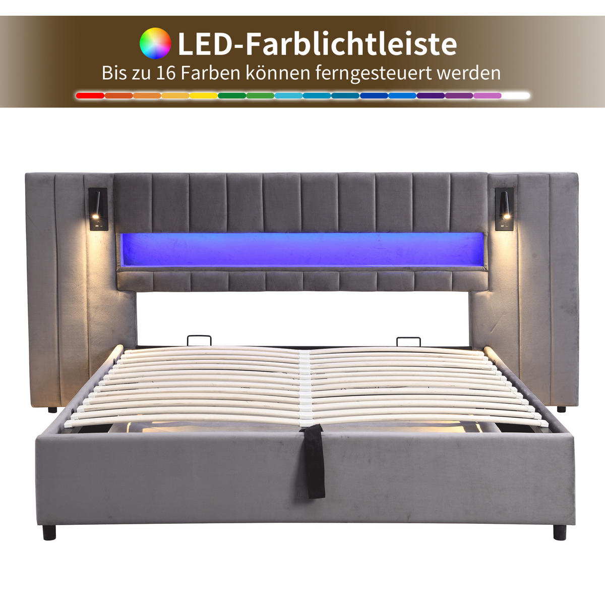 ČALÚNENÁ posteľ 180/200 cm zamat sivá, s LED osvetlením, USB a úložným priestorom - sivá, textil (180/200cm) - BEAOK