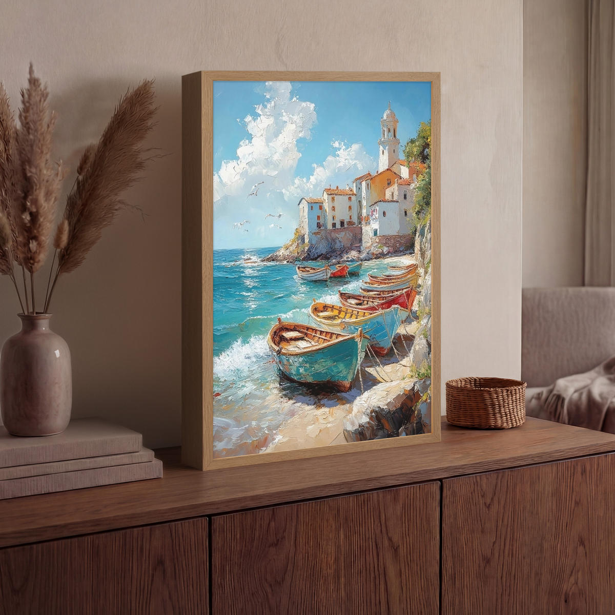 NÁSTĚNNÁ LAMPA S AKUMULÁTOREM Lodě - skály - moře - slunce 40x60 cm - modrá, kompozitní dřevo (40/60/8cm) - OnlyWow