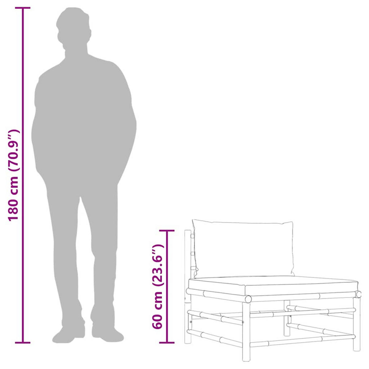 LOUNGESOFA mit Cremeweiß Kissen, 65/70/60 cm, aus Bambus - Weiß, Naturmaterialien (70/60/65cm) - vidaXL