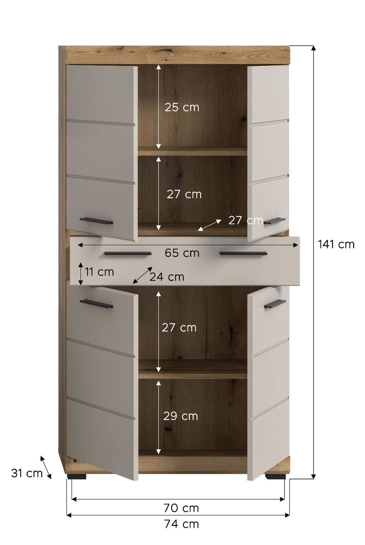 MIDISCHRANK Sand Kaschmir, Evoke Eiche, Badschrank 74 cm, viel Stauraum - Kaschmir/Eichefarben, Holzwerkstoff/Kunststoff (74/141/31cm) - Inn.Furn