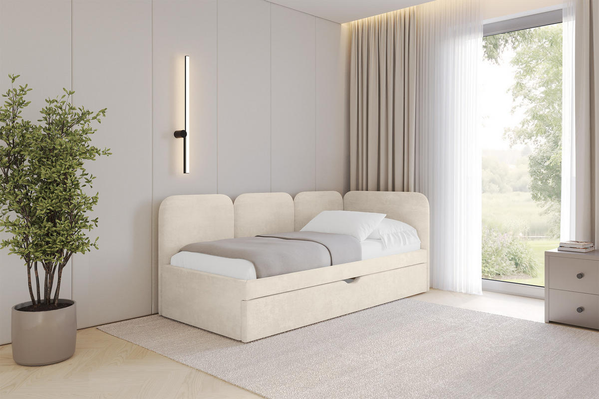 EINZELLBETT Jugendbett mit Bettkasten, Links - ALVY 100x200 Beige - Beige, Holzwerkstoff/Textil (100/200cm) - ALTDECOR