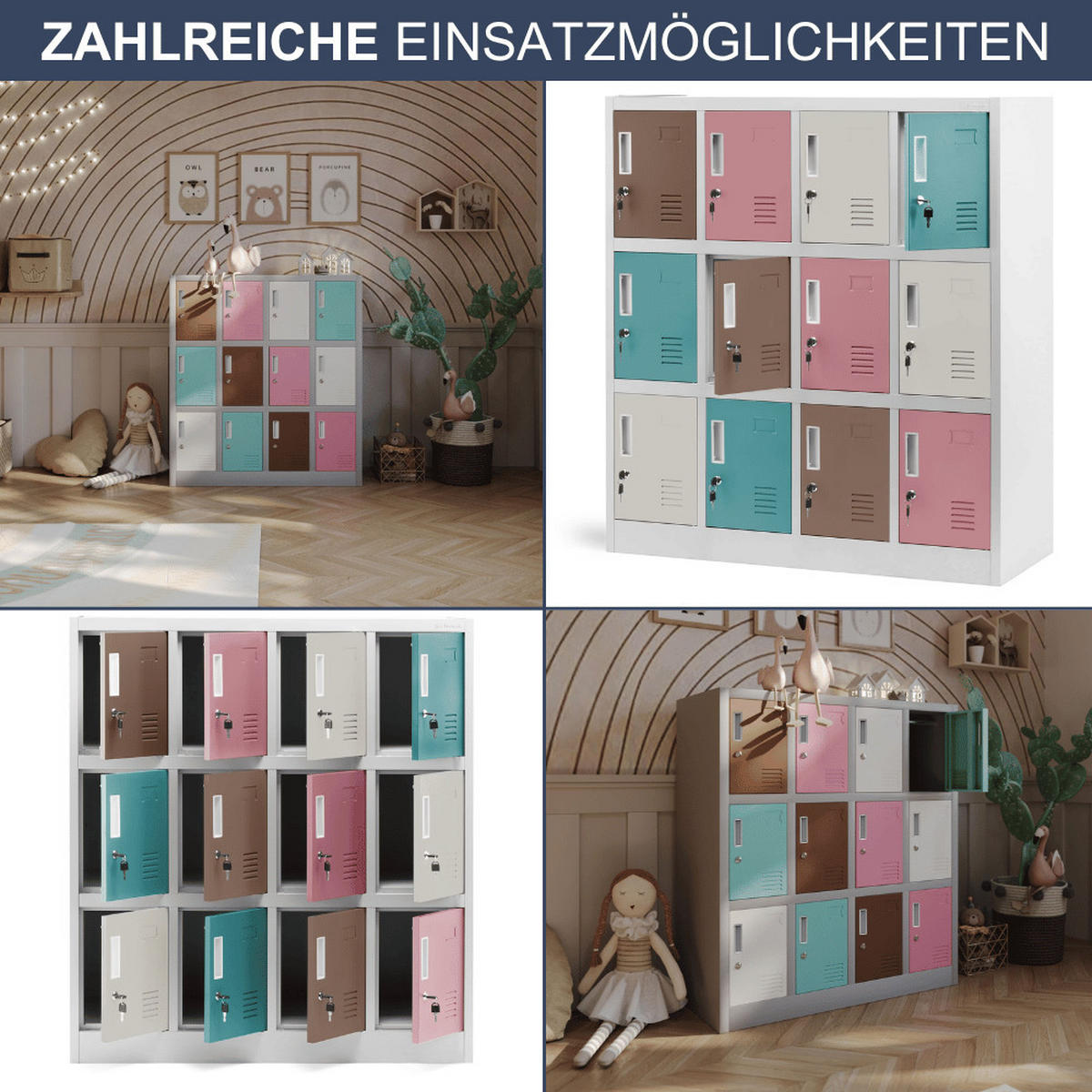 SCHLIESSFACHSCHRANK Spind Kindergarten ANNA 12 Fächer 120x109x45cm Pastellfarben - Pastellblau, Metall (109/120/45cm) - DELUKE
