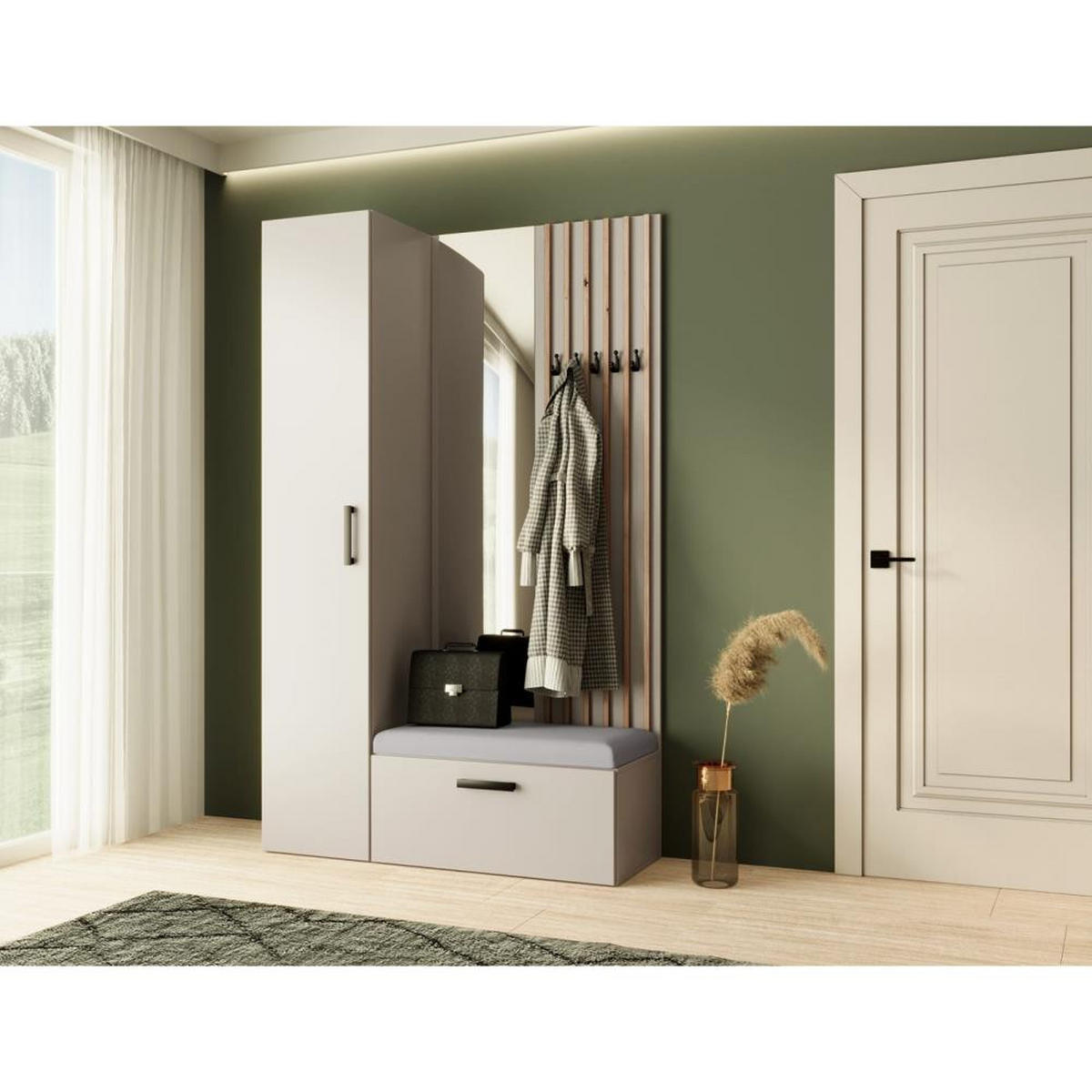 GARDEROBE Margaret II 121/203/43 mit Lamellen und Hochschrank - Kaschmir/Schwarz, Holzwerkstoff/Kunststoff (121/203/43cm) - Beautysofa