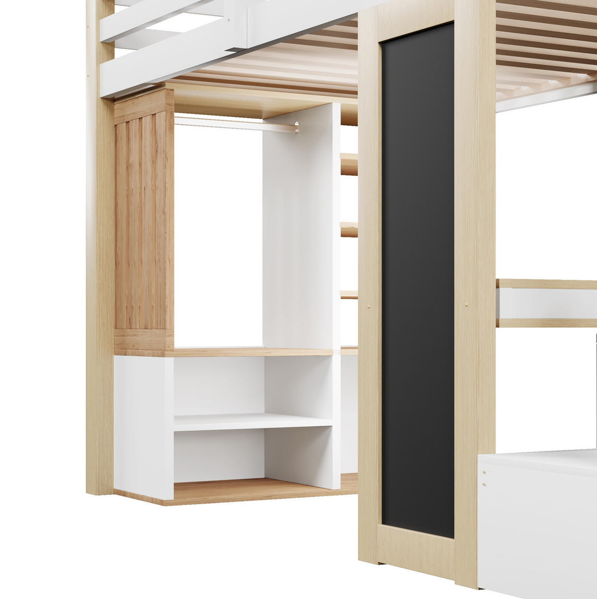 HOCHBETT 90x200 cm Weiß/Natur mit Schreibtisch, Kleiderschrank, Stauraumtreppe und LED-Beleuchtung - Weiß, Holzwerkstoff (90/200cm) - IVMEU