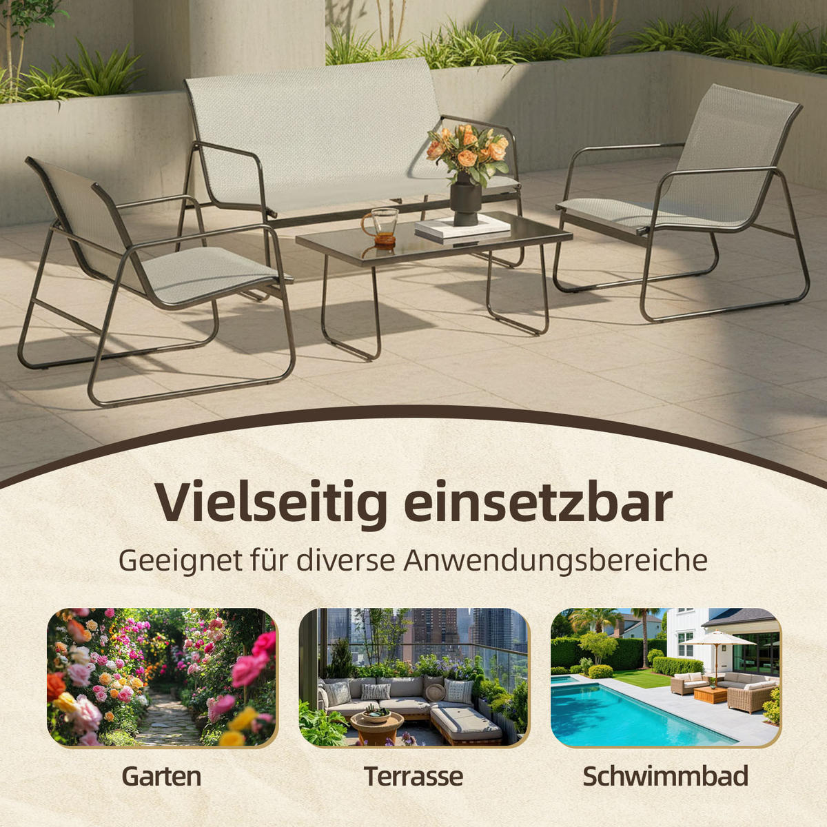 ECKSOFA Gartenmöbel Set 4tlg Schwarz Grau Loungeset - Dunkelgrau, Textil - Rattrix