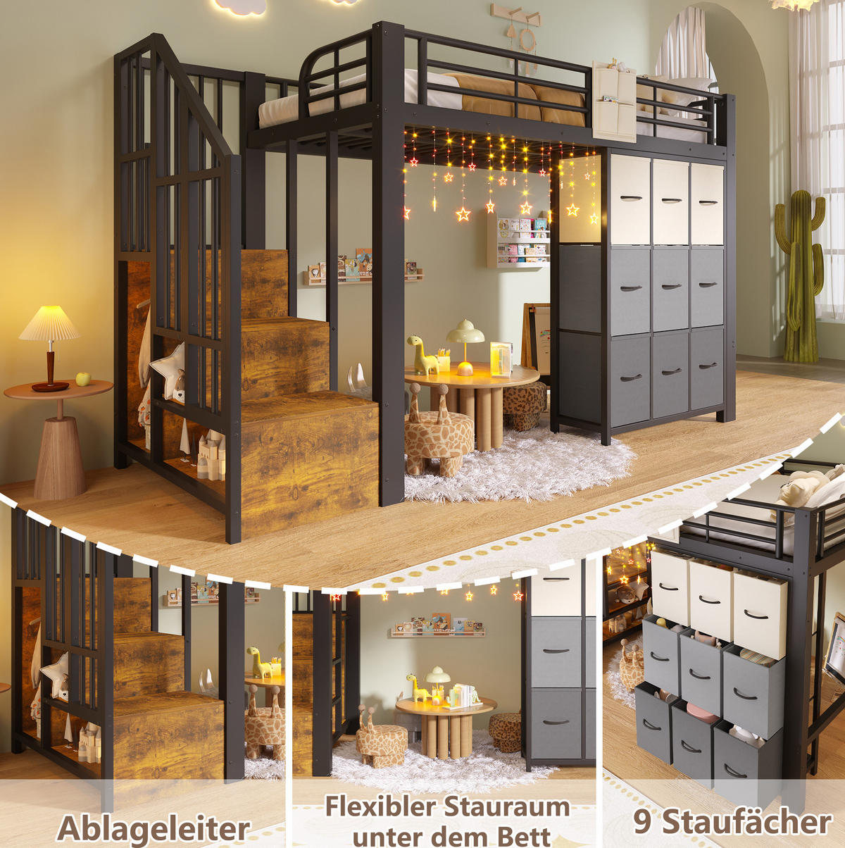 HOCHBETT aus Metall und MDF 90x200 cm Schwarz mit Stauraumtreppe, Schubladen und Kleiderstange - Schwarz, Holzwerkstoff (90/200cm) - IVMEU