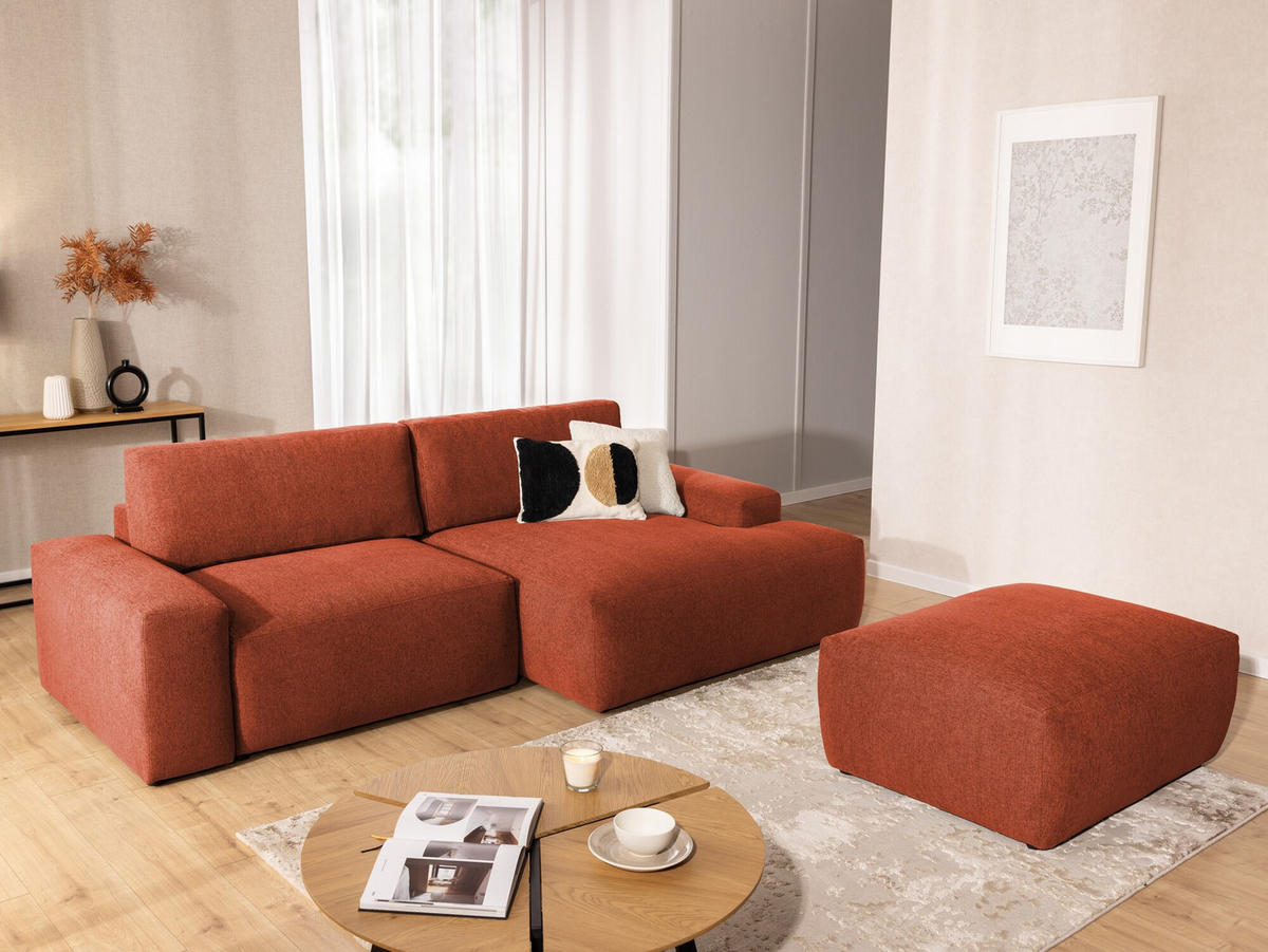 ECKSOFA inkl. Hocker Lennon aus Terrakotta Strukturstoff mit Schlaffunktion und Bettkasten - Terracotta/Schwarz, Holz/Kunststoff (264/137cm) - S-Style