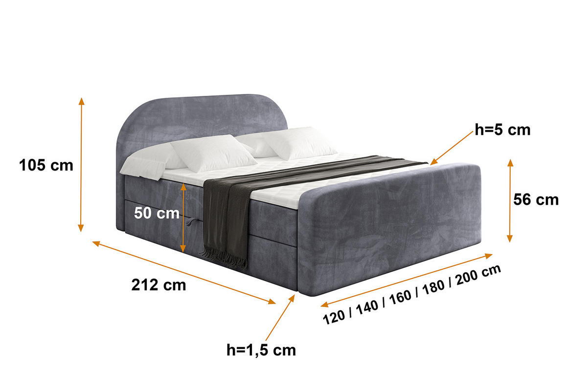 BOXBETT mit Matratze H4 und Lattenrost - NOX-Z - 160x200 - Dunkelgrau Casablanca - Dunkelgrau, Holzwerkstoff (160/200cm) - ALTDECOR
