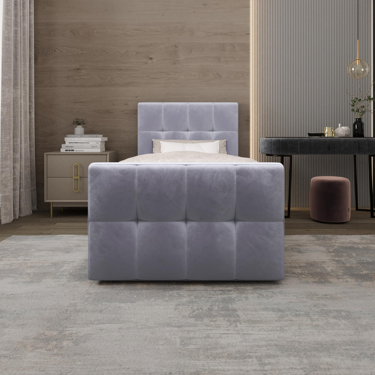BOXBETT MANHATTAN mit Matratze H3, Bonell und Topper 100x200 Monolith 70 - Hellblau, Textil (100/200cm) - Bedante