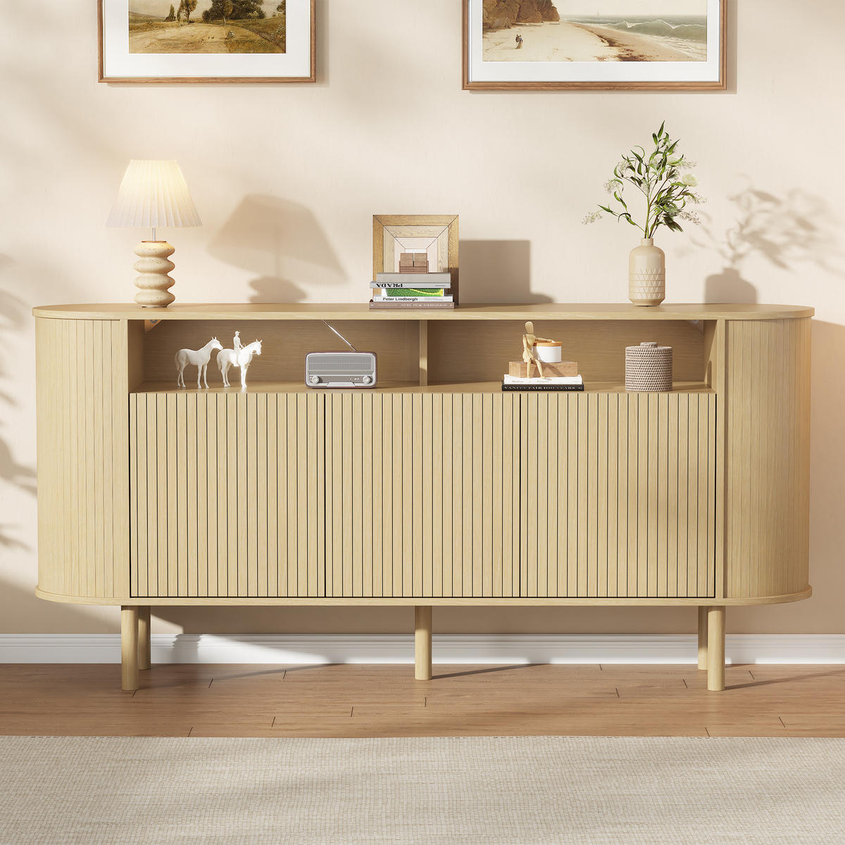 SIDEBOARD 160x40x78.5cm Naturholz mit 3 Wellentüren - Naturfarben, Holzwerkstoff (160/78.5/40cm) - FLIEKS