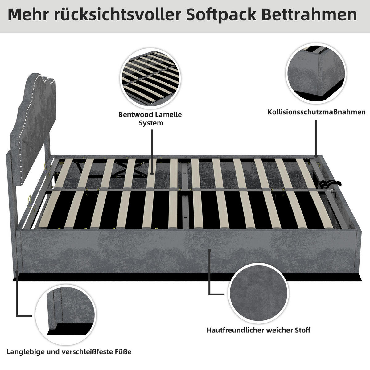 POLSTERBETT 160/200 cm mit Bettkasten, gepolstertem Kopfteil und Metallrahmen, Grau - Grau, Textil (160/200cm) - Redom
