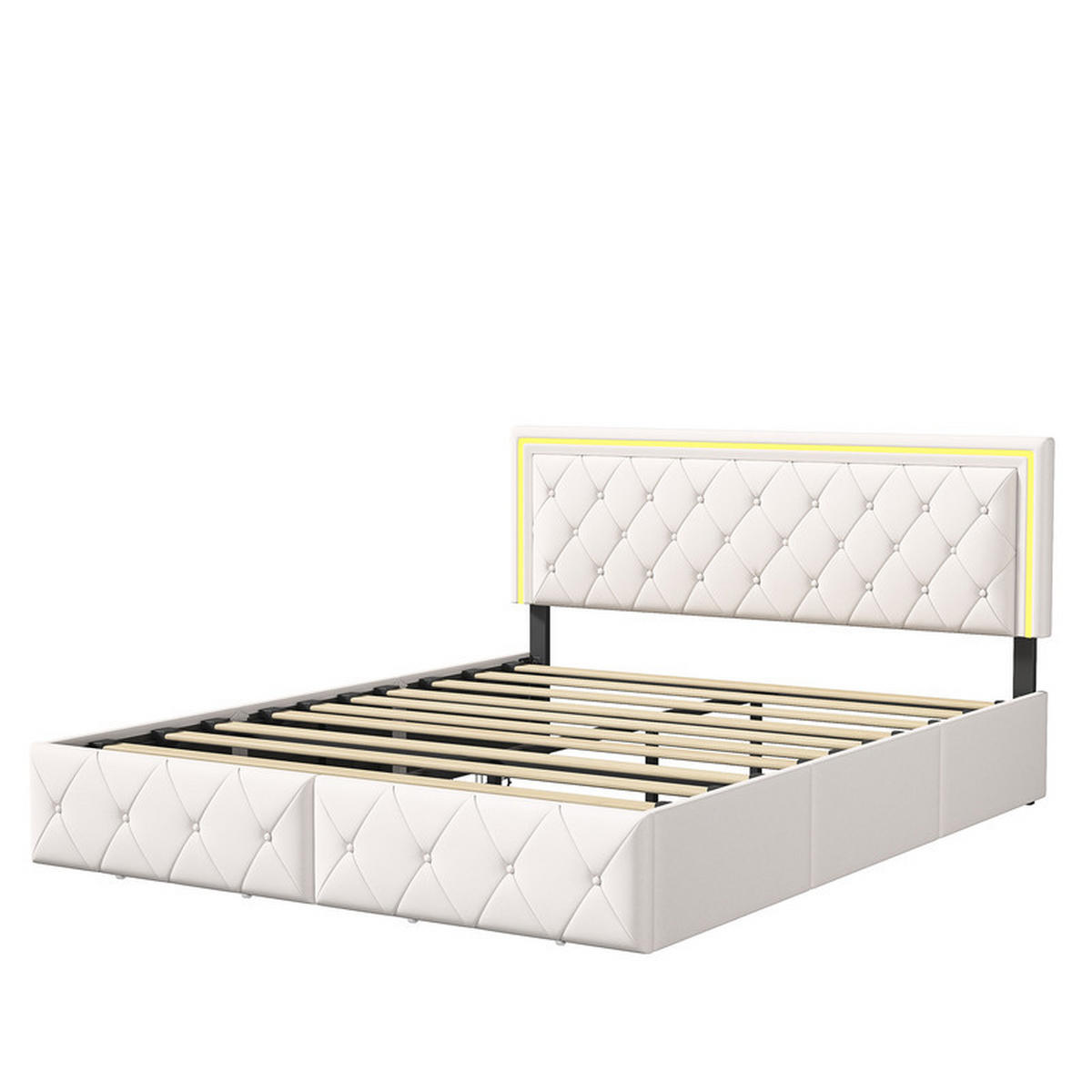 POLSTERBETT 140x200 cm, mit LED-Lichtleiste und 4 Schubladen, Lattenrost, PU, beige, ohne Matratze - Beige, Holz (140/200cm) - WoodenAura