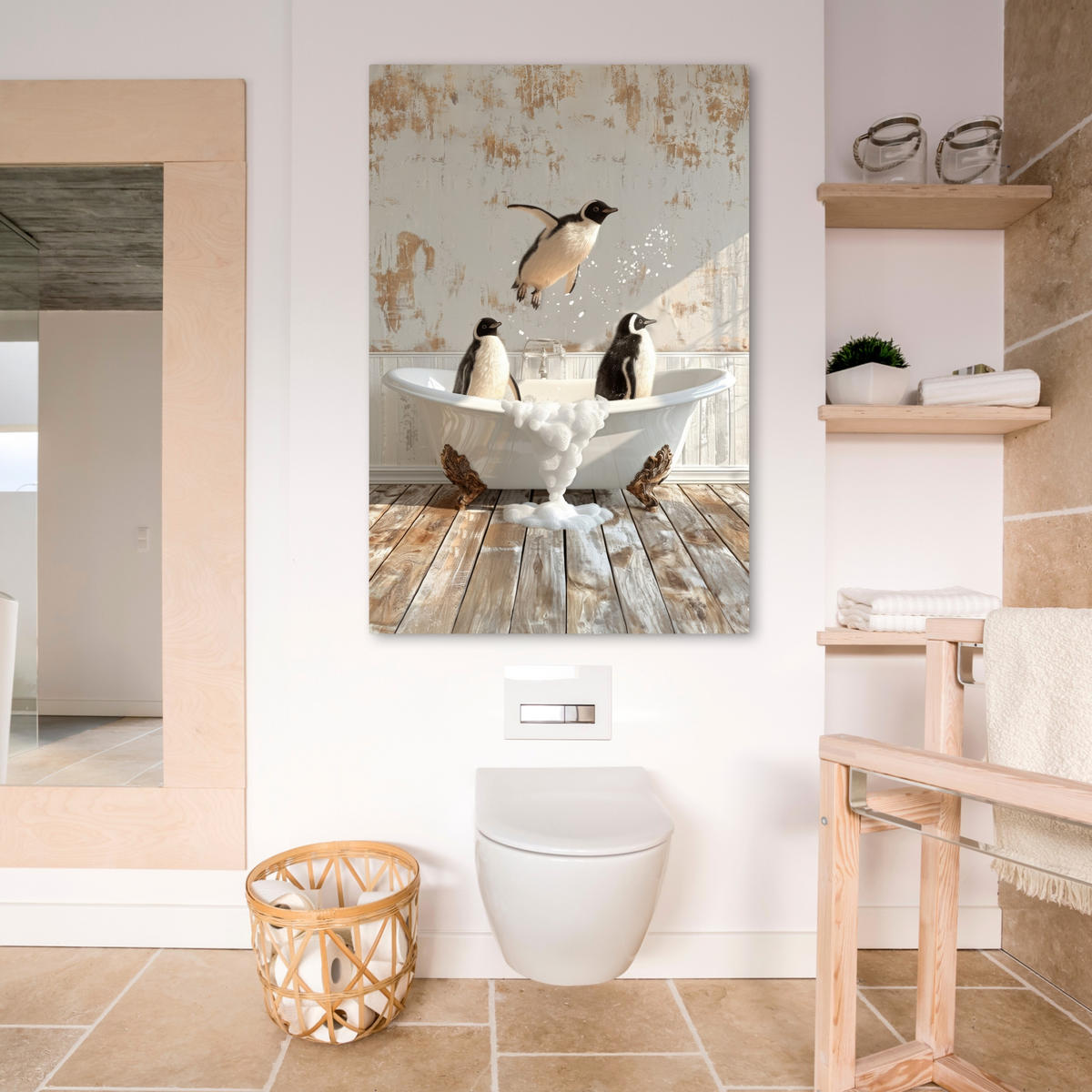 LEINWANDBILD Vintage - Pinguin - Badewanne - Schaumstoff 80x120 cm - Schwarz, Textil (80/120cm) - MuchoWow