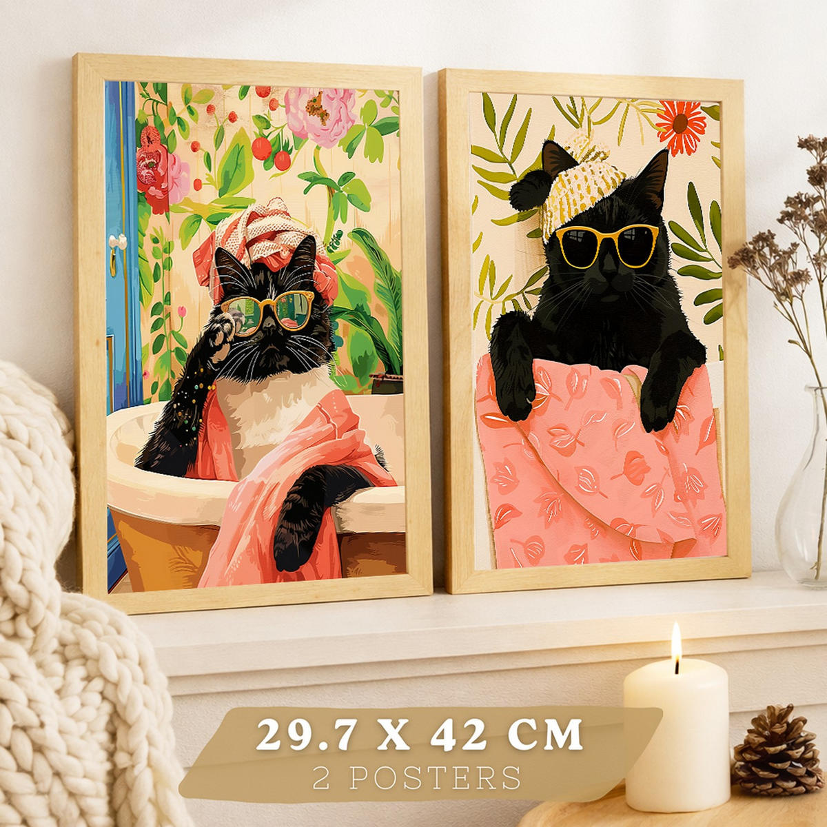 PLAKAT Sada 2 Černá kočka A3 bez rámu - čirá, papír (29.7/1/42cm) - Nacnic