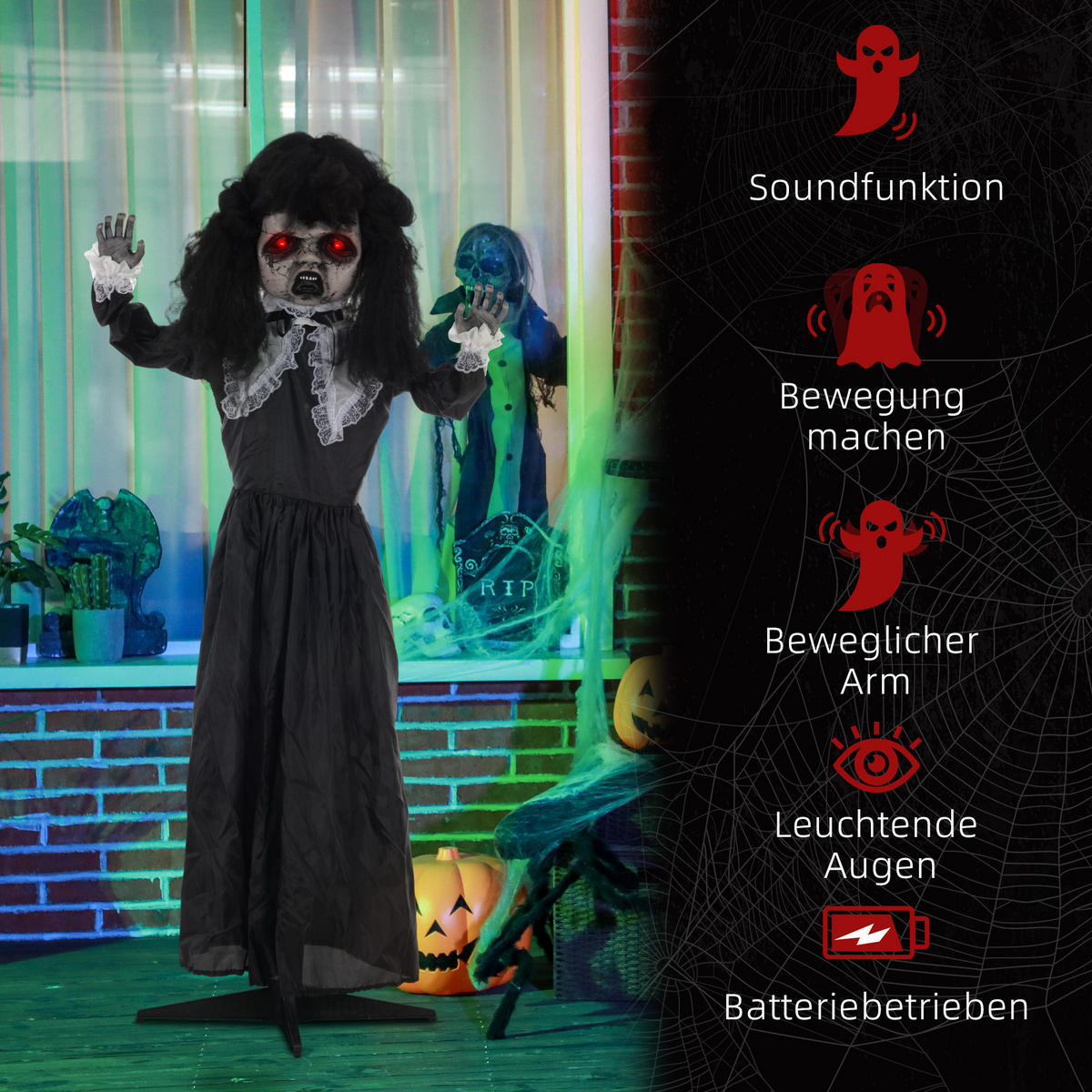 HALLOWEEN DECORATIONS 160cm Dekoration Geisterpuppe, Soundfunktion - Schwarz, Kunststoff/Metall (65/160/15cm) - HOMCOM