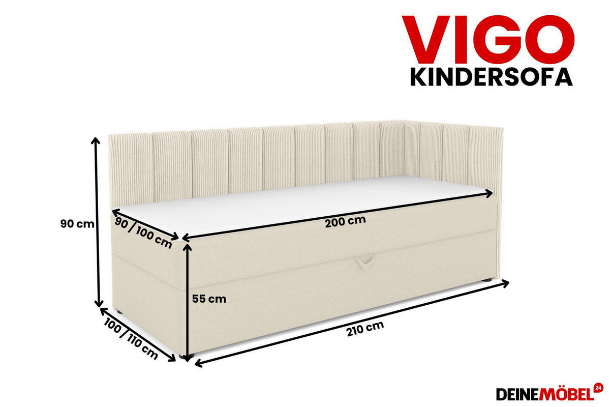 BOXBETT VIGO 100/200 cm in Cord/Velours Ecru H3 links - Ecru, Holz/Holzwerkstoff (100/200cm) - Deine Möbel 24