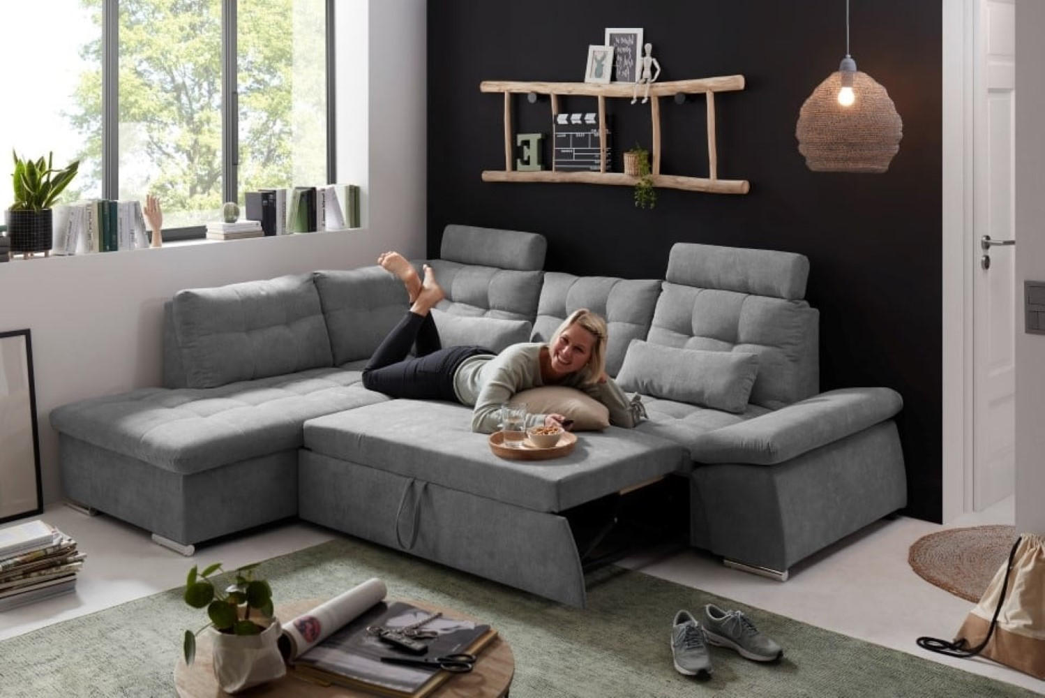 ECKSOFA mit Schlaffunktion, Bettkasten und verstellbarer Armlehne - Chromfarben/Dunkelgrau, Textil (260/219cm) - ed exciting design